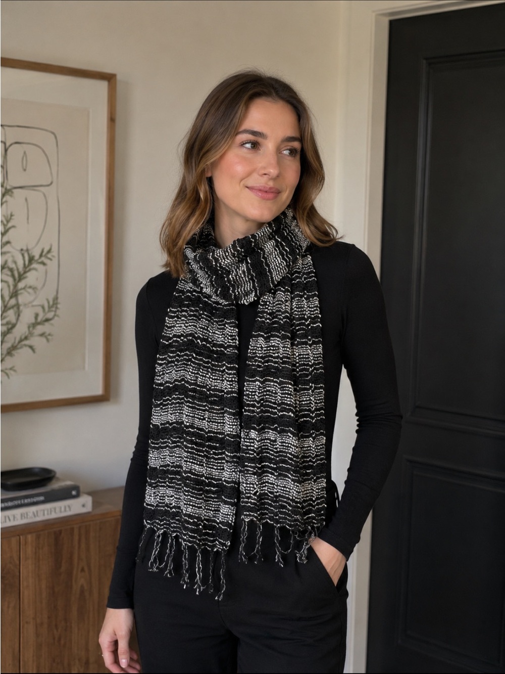 Anthropologie Black White Chunky Knit Scarf Cozy Cold Weather Accessory